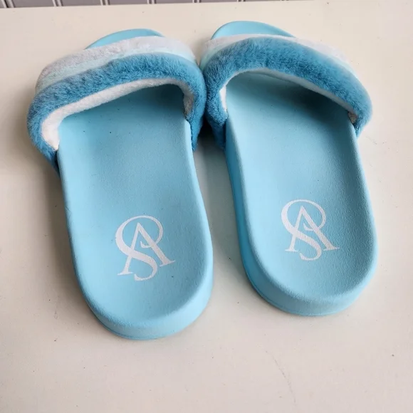 Victorias Secret Slides Sandals Aqua Blue Stripe Fur Fuzzy Slip Open Toe L 9/ 10 - Picture 3 of 7